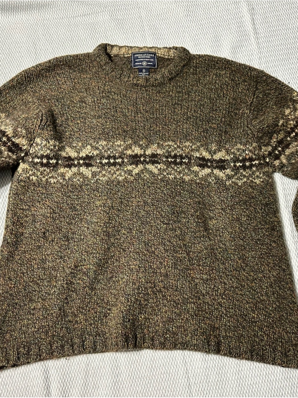 American Eagle Outfitters Olive & Cream Fair Isle Crewneck Sweater